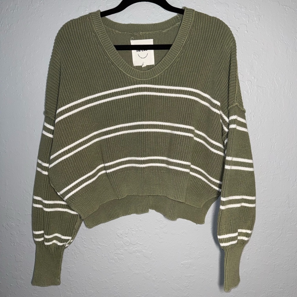 Aerie Olive Green Striped V-Neck Cropped Sweater